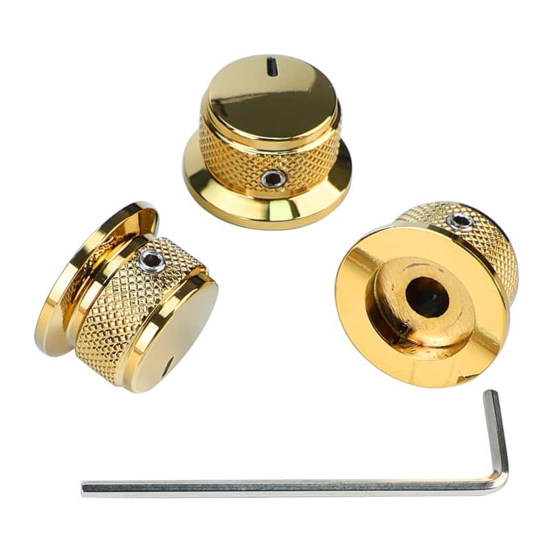 3Pcs Electric Bass Guitar Metal Knobs Flat-top Hat-Shaped Volume Tone Control Knobs with Set Screw 6mm Hole Compatible with Fender Strat Telecaster Les Paul Electric Guitars or Basses（Gold） image 1