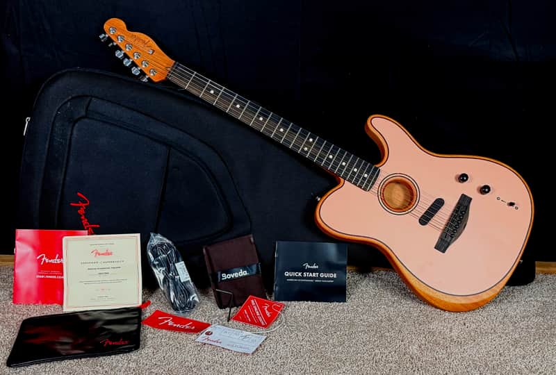 Fender Limited Edition American Acoustasonic Telecaster With Deluxe GigBag and Case Candy -2023 Model in Shell Pink & Tortoise Rosette and Purfling