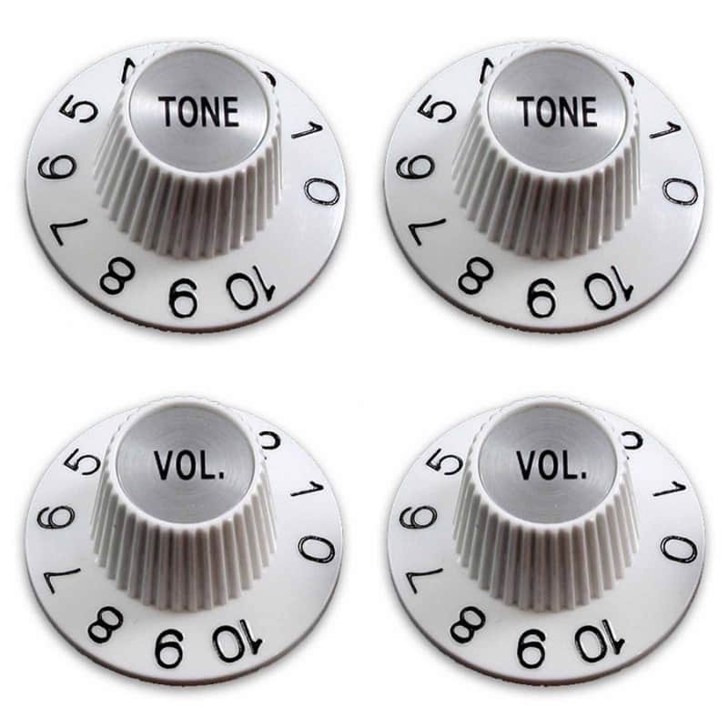 4 White Tone + Volume Witch Hat Knobs Silver reflector for US pots image 1