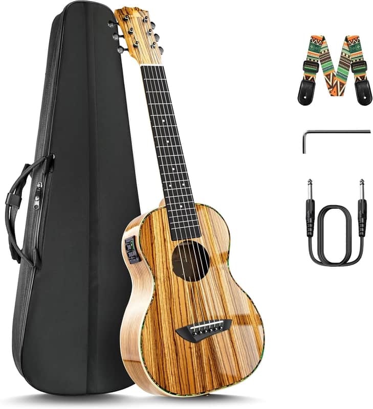6 String 30 Inch High Gloss Zebra Wood Acoustic & Electric Ukulele Guitalele with Truss Rod with Padded Gig Bag, Strap image 1
