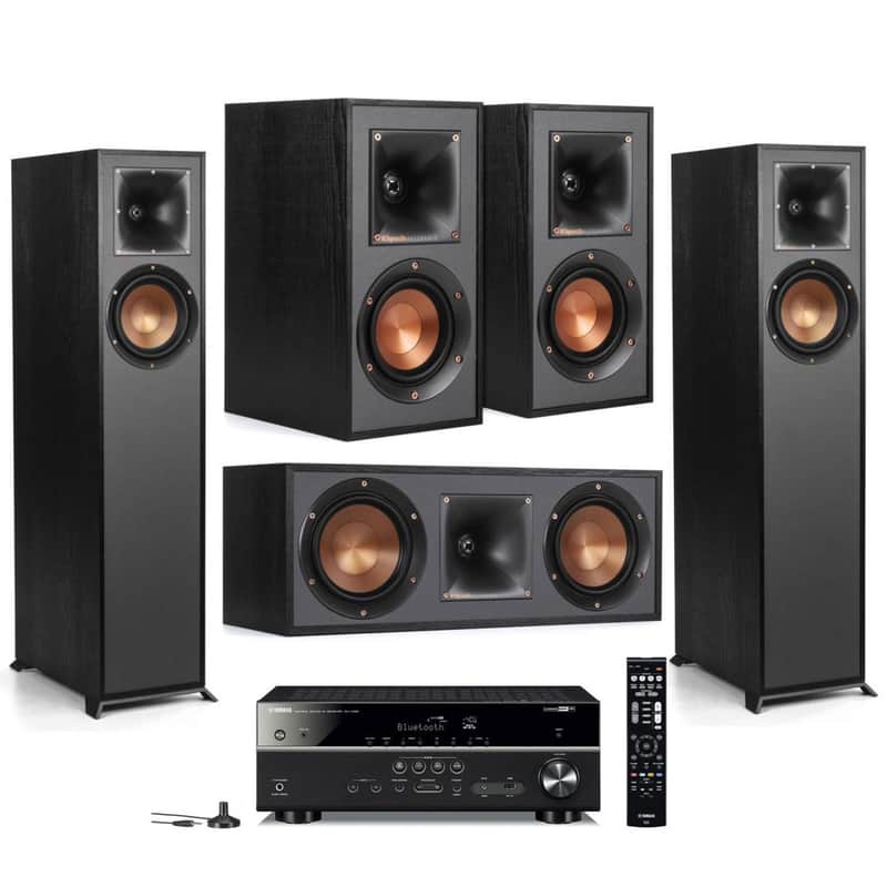 Klipsch 2 Pack R-610F Floorstanding Home Speaker - Bundle With R-41M Bookshelf Home Speakers, R-52C Center Channel home speaker, Yamaha RX-V485 5.1-Channel Network AV Receiver with MusicCast image 1