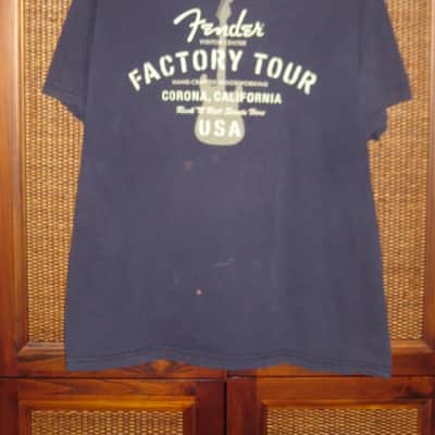 pre-owned / worn genuine Fender - Fender Factory Tour (Corona, California USA) - short sleeve T-Shirt, Men's X-Large (XL) Navy Blue with Creme & Gray Graphic, 100% preshrunk cotton, late 2000s to early - mid 2010s image 1