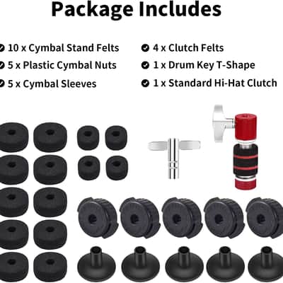 26PCS Cymbal Replacement Accessories, Standard Hi-Hat Clutch & Cymbal Stand Felts & Plastic Cymbals Nuts & Cymbals Sleeves & Clutch Felts and Drum Key T-Shape, Replacement for Drum Set image 3