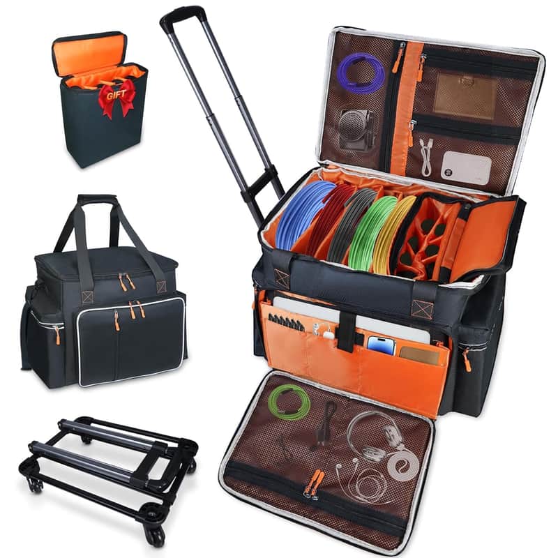 Rolling DJ Bag with Wheels,DJ Gig Bag with Hard Padded Bottom,Detachable Trolley & Divider,Music Gear Case with Multi Pockets for Laptop,DJ Cables, Microphones,Sound Equipment Storage image 1