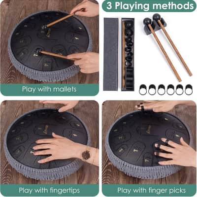 Steel Tongue Drum, Horse 14 Inch 15 Tones Tank Drum C Key Percussion Steel Drum Kit with Drum Mallets Note Stickers Finger Picks Mallet Bracket and Gig Bag(14 Inch 15 Tones Grey) image 3