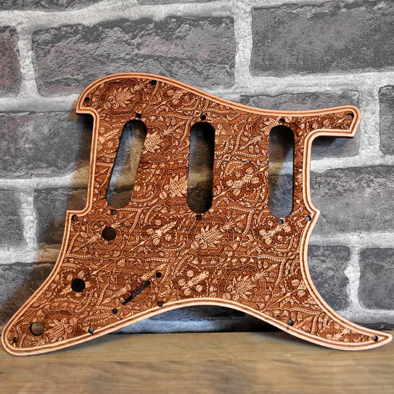 Wood Pickguard for Stratocaster HSS and SSS Laser engraved Real Cherrywood with Unique Artwork image 1