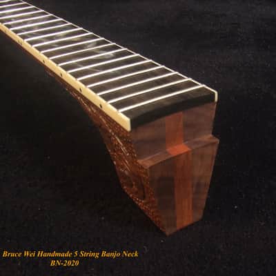 Handcrafted 5 String Banjo Neck, Solid Walnut & Mahogany DRAGON Inlay, Heel Carved, Bruce Wei BN-2020 image 10