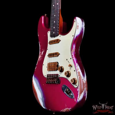 Fender Custom Shop Wild West Pink Lightning 2.0 Stratocaster HSS Rosewood Board 21 Frets Heavy Relic Lipstick Pink Metallic over Olympic White 7.95 LBS image 2