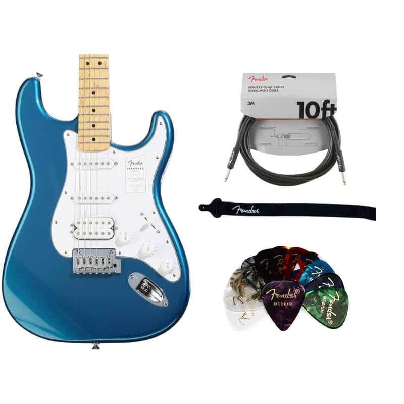Fender Standard Stratocaster HSS Electric Guitar Aqua Marine Meta Bundle with Fender Classic Guitar Picks 12-Pack, 10ft Series Instrument Cable Black, Logo Guitar Strap 2in Black with White image 1
