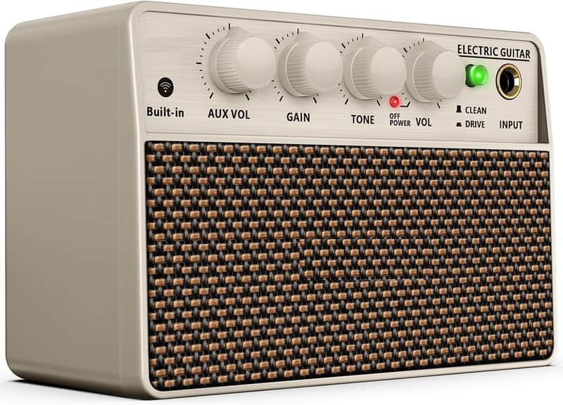 Guitar Amp, 10W Mini Electric Guitar Amplifier with Clean/Drive Channel, 6H Work, USB-C Rechargeable, 3.5mm Headphone/AUX, Wireless Portable Amp for Indoor Practice, Travel (White) image 1