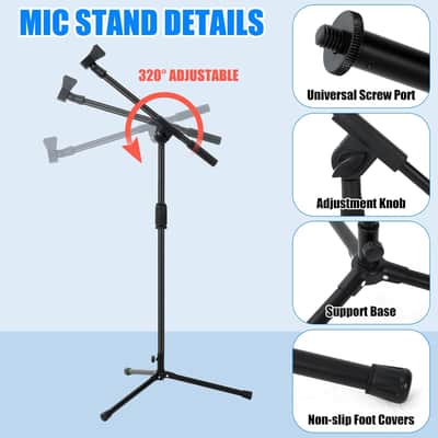 4 Sets Mic Stand Adjustable Boom Arm Microphone Stand with Tripod Base Boom Microphone Stands Height Adjustable 32.7-90.5 Inch with Mic Clips 3/8"-5/8" Adapter for Singing Performance Stage image 3