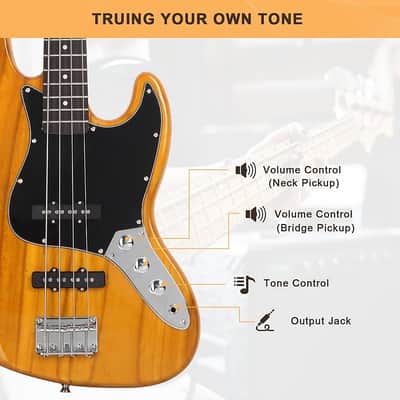 Glarry GJazz Electric Bass Guitar Black pickguard Transparent - Yellow image 9