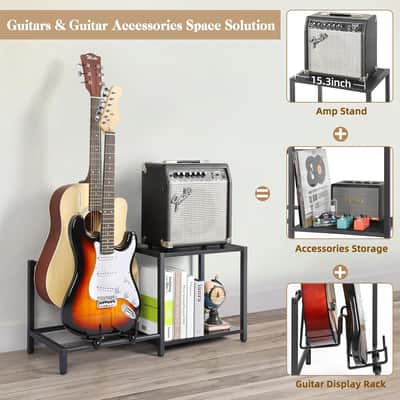 Guitar Stand, 2-Tier Guitar Stands Floor with Guitar Amp Stand, Guitar Rack for Multiple Guitars and Guitar Accessories, Adjustable Guitar Holder, Guitar Display for Music Studio Home image 5