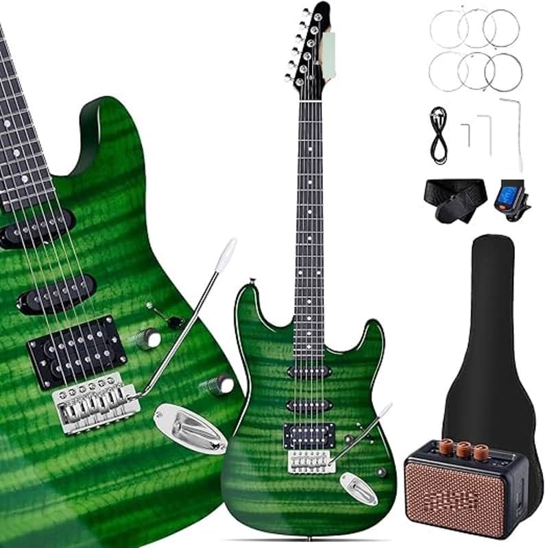 39" Full Size ST Style Electric Guitar Starter Kit with SSH Pickup, 5W Portable Amp, Tuner, Gig Bag, Strap & Accessories (Green Flame) image 1