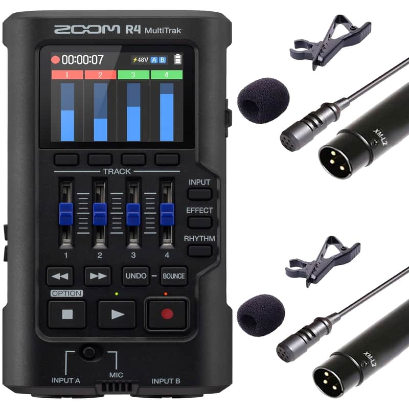 Zoom R4 MultiTrak 32-Bit Float Recorder with Stereo Bouncing + 2x Vidpro Professional Wired XLR Lavalier Microphone XM-L2 for Pro Audio Equipment with XLR Input image 1