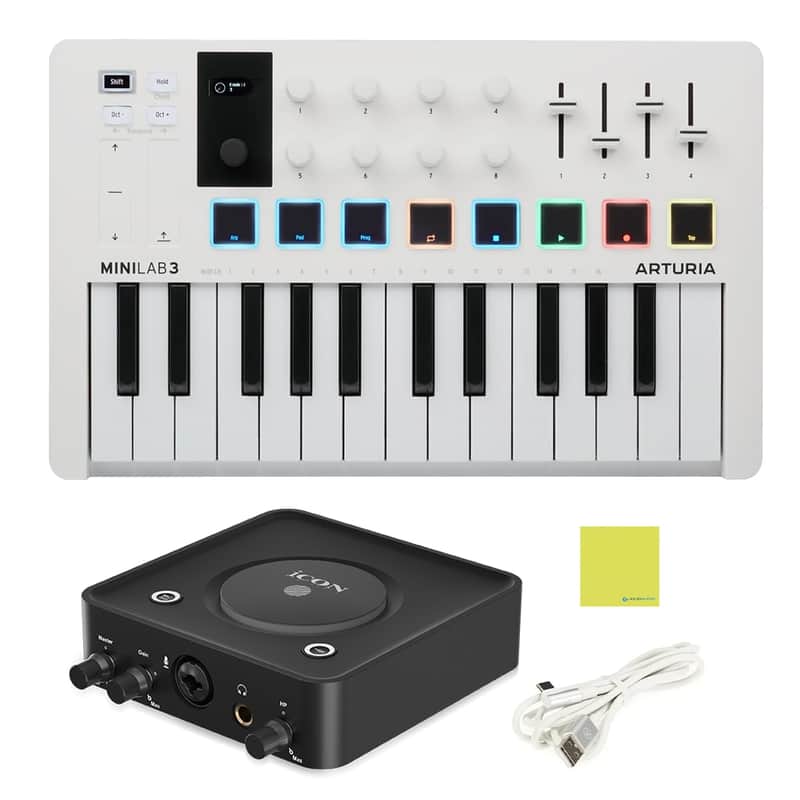 Arturia MiniLab 3 Mini Hybrid Keyboard Controller Bundle w/ iCON Pro Audio USolo Recording Interface, USB Cable & Liquid Audio Polishing Cloth image 1