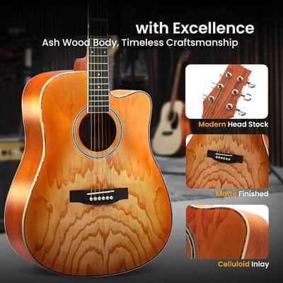 Steel String Acoustic Guitar Kit, 41" Full Size Cutaway with Ashtree Top, Open Pore Finish, Premium Accessory Set with Armored Gig Bag, Burst Matte image 3