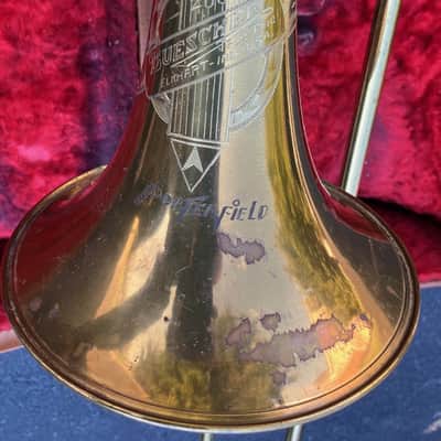 VINTAGE 1940s Buescher 400 True Tone LOW PITCH 445 TROMBONE 'Angled Poles' GOOD/AVG condition,  OWNER ENGRAVED NAME ON BELL image 4