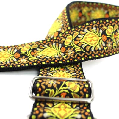 Walker & Williams H-03-MET Vintage Series Yellow & Orange Mandala Woven Guitar Strap with Chrome Har image 5