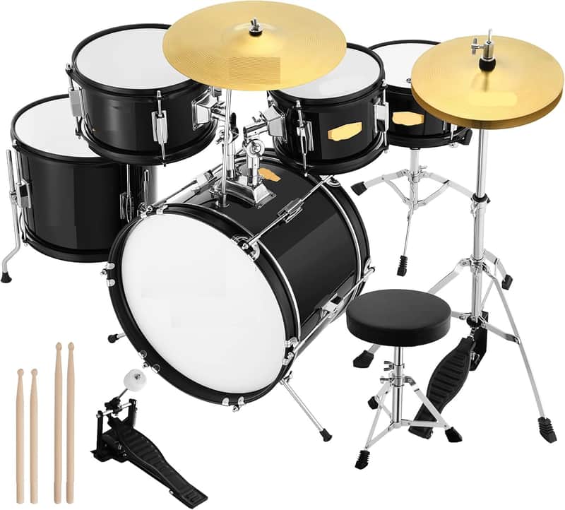 Drum Set 16 inch 5-Piece, Junior Drum Kit for Beginners Kids Teenagers with Adjustable Throne and Cymbal, Pedal & Drumsticks, Metallic Black image 1