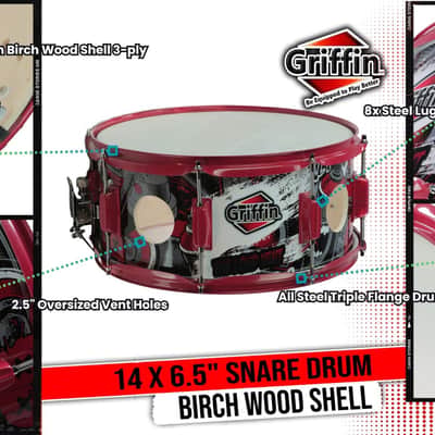 Birch Wood Shell Snare Drum by Griffin - 14" x 6 - 5" Oversize 2 - 5" Vents with Custom Graphic Wrap (Limited Edition) - Red Hardware with Drummers Key for Students & Pros 8 Tuning Lugs image 12