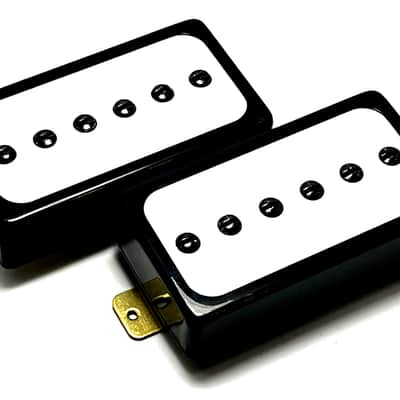 H90s ~ Humbucker Sized / Cased P90 Pickup Set, Bridge + Neck ~ Black Ring w/ White Inlay image 1