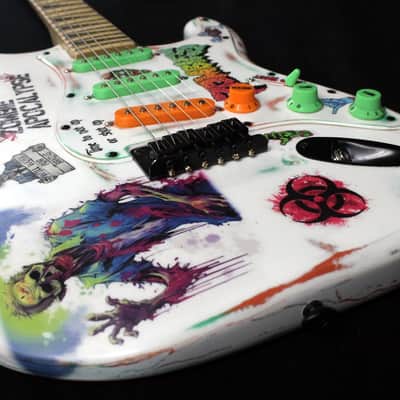 Custom Painted and Upgraded Fender Squier Strat - Aged and Worn With Graphics and Matching Headstock image 19