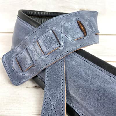 C-22-BLU Handmade 3" Wide Double Padded Premium Grain Leather Guitar Strap Washed Blue Denim Finish image 3