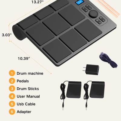 9 Pads Electronic Drum Pad, Electronic Tabletop Drum Set, Portable Digital Drum Kit with Velocity Sensitivity, LED Drum Pad Lights, MIDI Mac & PC Support, Ideal Gift for Beginners image 2