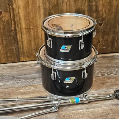 Vintage Late 1970s Ludwig Black Cortex Concert Toms 6.5x10 & 8x12 w/ Ludwig Double Tom Stand Blue & Olive Badges image 9