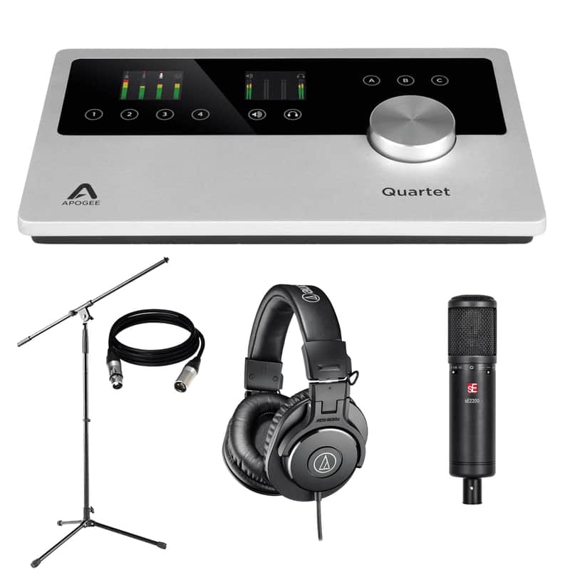 Apogee Quartet 4X8 USB Audio Interface for iPad & Mac + (2) Microphones Stand + Audio-Technica ATH-M30x Monitor Headphones (Black) + sE Electronics sE2200 Studio Condenser Cardioid Microphone with Isolation Pack + Microphone stand and Cable. image 1