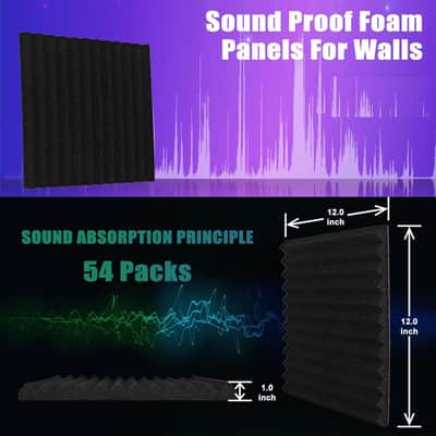 54 Pack Acoustic Foam Panels1 X 12 X 12Inches，noise absorption and reduction fireproof foam Suitable for studios, homes, recording studios，with 270PCS Double-Side Adhesive(black) image 2