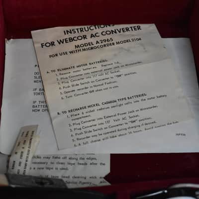 Vintage 60's Webcor EP-2104 Mircocorder Transistor Tape Recorder w/ AC Convertor image 8