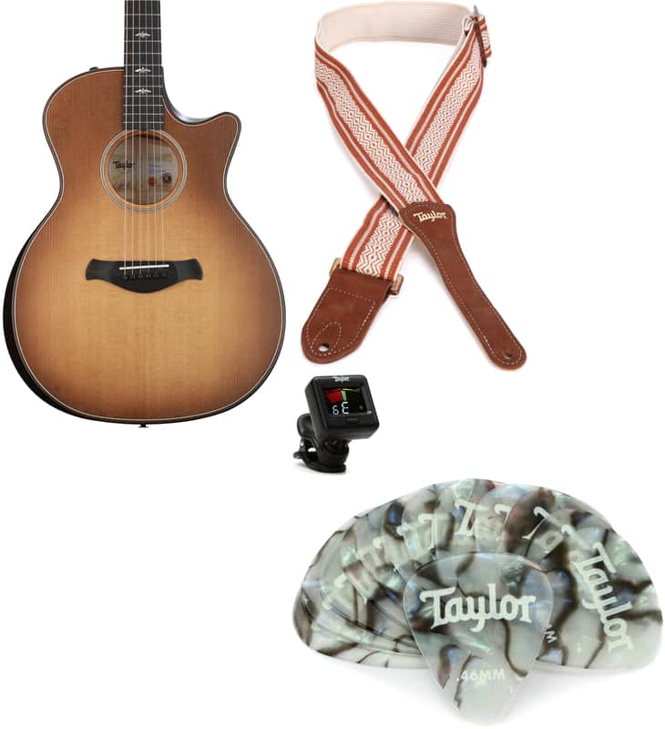 Taylor 614ce Builder's Edition Acoustic-electric Guitar - Wild Honey Burst  Bundle with Taylor Jacquard Cotton 2" Guitar Strap - White/Brown... (4 Items) image 1
