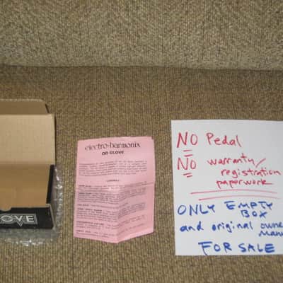 lightly handled Electro-Harmonix EMPTY CARDBOARD BOX and original Owner's Manual ONLY for OD Glove Overdrive (NO pedal, NO warranty / registration paperwork) 2010s - BOX: cardboard - OUTER AREAS: gray // GRAPHIC: black & white, also purple & white image 2