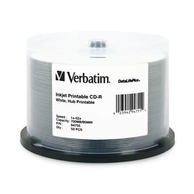 Verbatim 94755 CD-R 52X DataLifePlus White Inkjet Hub Printable 50 Pack Spindle image 1
