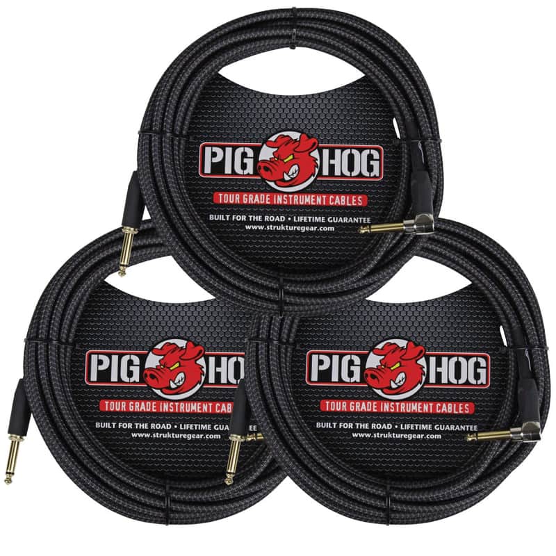 3 Pack Pig Hog PCH20BKR Black Woven ¼” TO ¼” Right Angle Instrument Cable, 20ft image 1