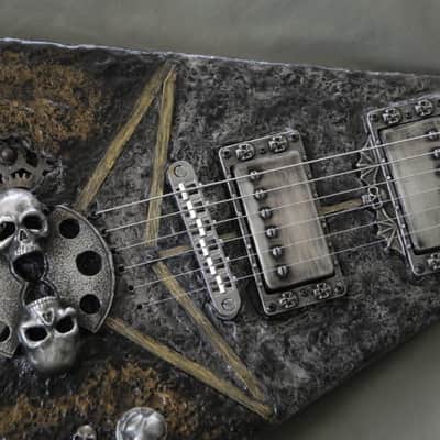 Steampunk Skull B.C. Rich junior V Guitar hand sculpted top handmade skull hardware flying v image 7