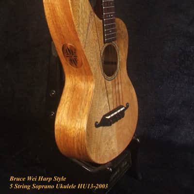 Handcrafted Harp Style 5 String Soprano Ukulele, Bruce Wei ,Solid Acacia, Mango HU13-2003 image 5