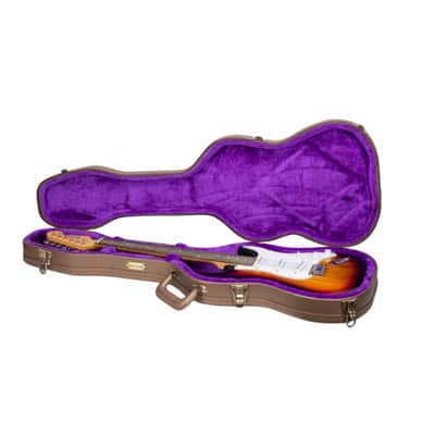 Crossrock Designer Series- Universal Wooden Case for Stratocaster and Telecaster Electric Guitars- Security Lock, Metal Feet, Storage Space- Chocolate Brown image 1