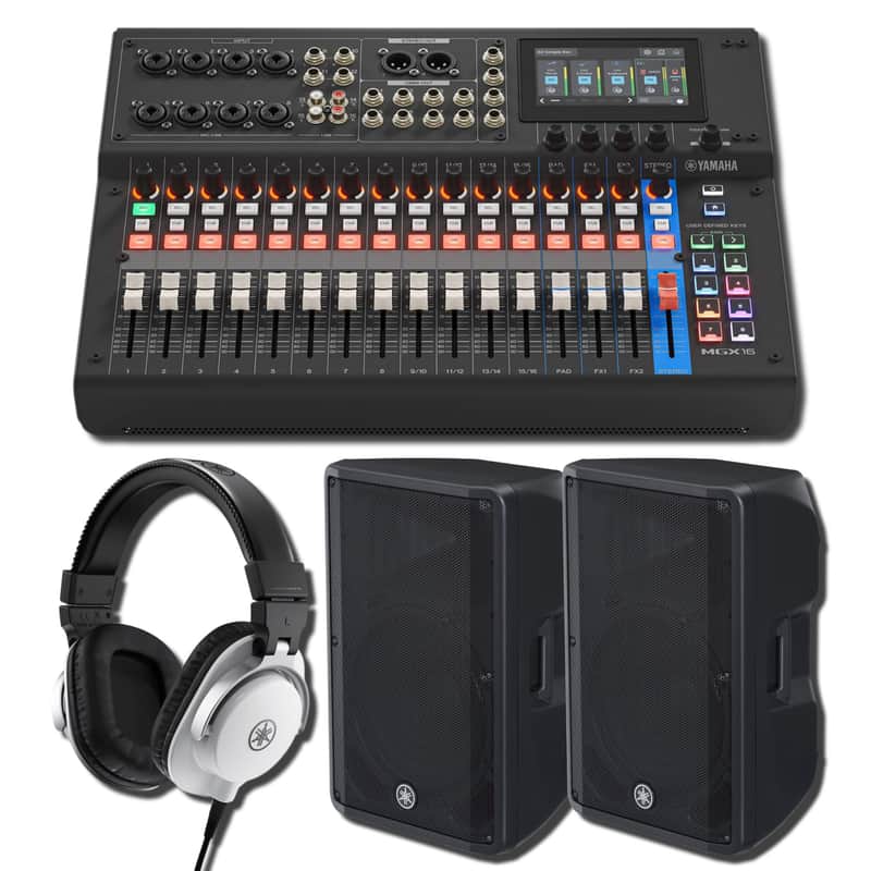 Yamaha MGX16 B 22-Channel Digital Mixing Console White Studio Streaming Bundle with 2x DBR15 15-Inch 1,000W Powered Loudspeakers and HPH-MT5W White Studio Monitor Headphones image 1