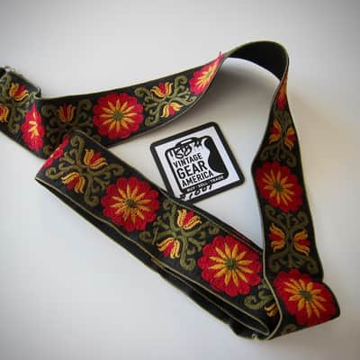 ACE Guitar Strap Unbranded Genuine Vintage Part Circa-1960s-Black with Red Floral image 2