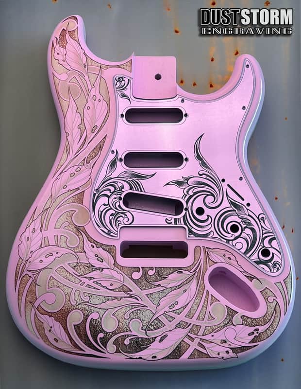 Pink Fender Strat Guitar Body Custom Laser Engraved Lavender Mirror Pickguard with Tremolo Cover HSH, HSS, SSS Setup Available image 1