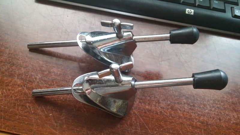 Tama Vintage TRAK PAIR Bass Drum SPUR MOUNTS W/ BACKING PLATE & LEGS MIRROR IMAGE RARE PARTS 80s image 1