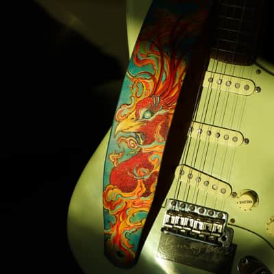 Burny Black handmade guitar strap leather - phoenix red/blue made to order - oil image 1