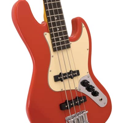CNZ Audio JB Mini Electric Bass Guitar - Maple Neck, Ivory Pickguard, Fiesta Red image 3