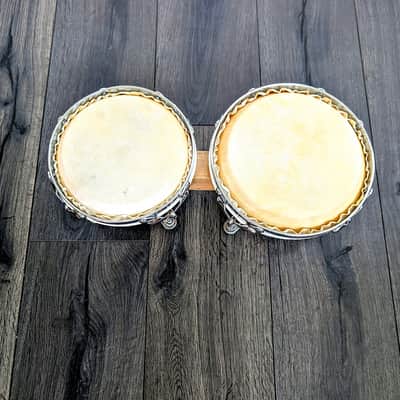 Vintage Latin Style Siam Oak Wood Bongos Hand Drum Percussion Natural Gloss Lacquer Shell Traditional Afro Cuban Rims Chrome Professional Grade image 5
