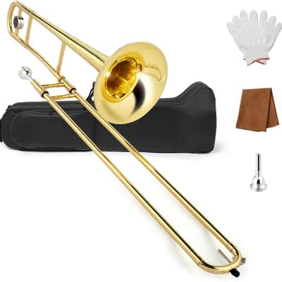 B Flat Tenor Trombone with Mouthpiece, Brass Slide Bb Trombones for Beginners, Portable Instrument Includes Cleaning Cloth, Gloves and Trombone Case (Golden) image 1