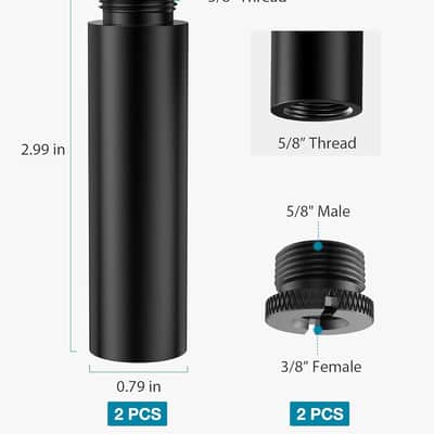 Mic Stand Extension Tube, 2 Pieces 5/8" Thread Microphone Extension Pipe Mic Extender With 2 Pcs 3/8" To 5/8" Metal Adapter For Desk Mic Boom Arm Stand For Sm7B Mv7 Quadcast image 2
