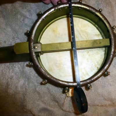 Vintage 1920s Harmony made Montgomery Ward Metal Shell Banjo Ukelele Original Gold Paint,Tuners, Nut, Top Skin Head, Adjustment Key, Banjo Uke image 8
